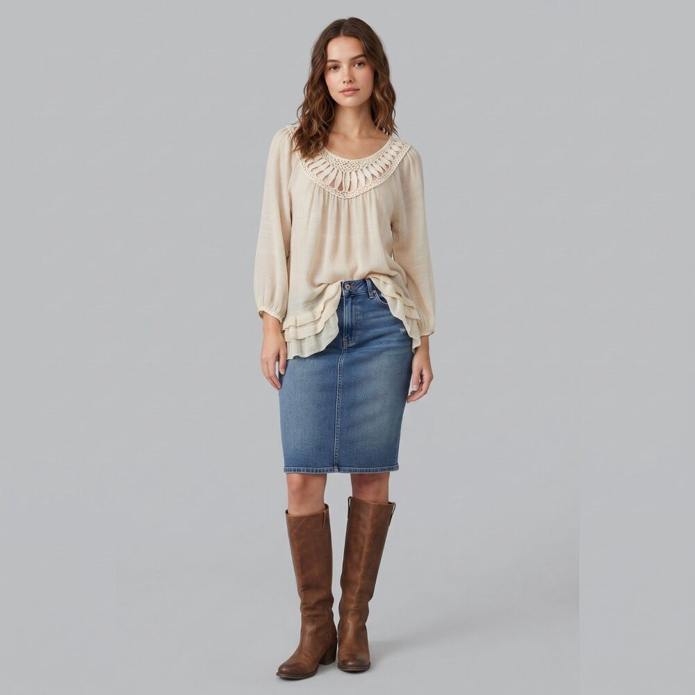 Cali Style Boho Crochet Ruffle Tunic Top Large Cream Lightweight Peasant NWT